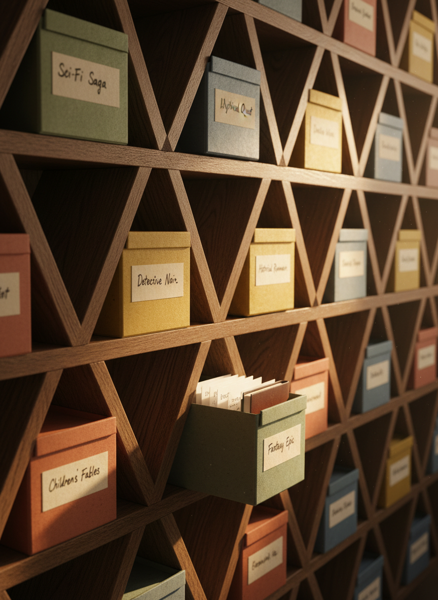 A close-up, eye-level shot of a sturdy wooden shelf system resembling a wine rack, but instead of bottles, each compartment contains small, neatly labeled storage boxes in muted earth tones, symbolizing different story ideas. One box in the foreground is slightly pulled out, revealing neatly stacked index cards and a slim, closed notebook. Warm, golden-hour light enters from the right, grazing the edges of the boxes and creating long, soft shadows that emphasize depth and structure. The background shelves fall into a gentle blur, suggesting an extensive collection of organized thoughts. The mood is cozy yet professional, like a carefully tended archive or "adega" of ideas. The style is photographic realism with a warm, inviting, and organized atmosphere that communicates reliable persistence and long-term storage of knowledge.