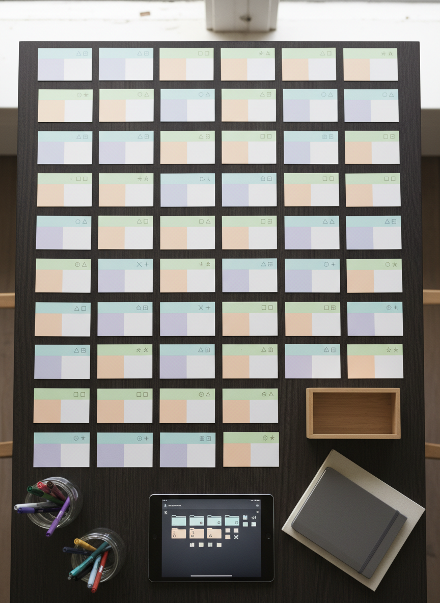 An overhead photographic view of a long, dark-wood table covered in neatly arranged index cards, each card blank but differentiated by pastel color blocks and small geometric symbols, representing different ideas and categories without using text. At the edge, a sleek tablet lies flat, displaying a minimalist, grid-like interface of folders and tags. Soft, diffused daylight from above illuminates the table evenly, casting delicate shadows beneath each card and creating a sense of depth. A glass jar filled with pens and highlighters, closed notebooks, and a compact storage box complete the scene. The atmosphere is organized, methodical, and quietly creative, evoking a personal "cellar" of ideas being sorted and curated. The composition is balanced and symmetrical, with photographic realism and a clean, professional tone.