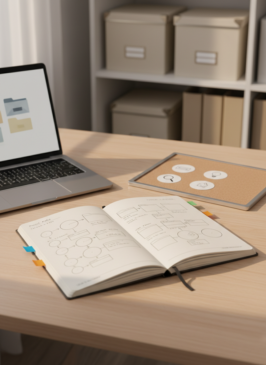 A meticulously arranged wooden desk seen from a slightly elevated angle, with an open, cream-colored notebook filled with neatly sketched diagrams and short handwritten notes, symbolizing captured ideas. Around it, color-coded sticky tabs, a slim silver laptop showing an abstract, text-free interface of organized folders, and a small corkboard panel with pinned icons representing categories and tags. Soft morning light from an unseen window to the left creates gentle highlights on the notebook pages and subtle shadows along the desk grain. The background is softly blurred shelves of labeled boxes and neutral-toned binders, suggesting reliable storage. The mood is calm, focused, and professional, with photographic realism, clean composition using the rule of thirds, and a modern, minimal aesthetic that conveys personal knowledge management and organized thinking.