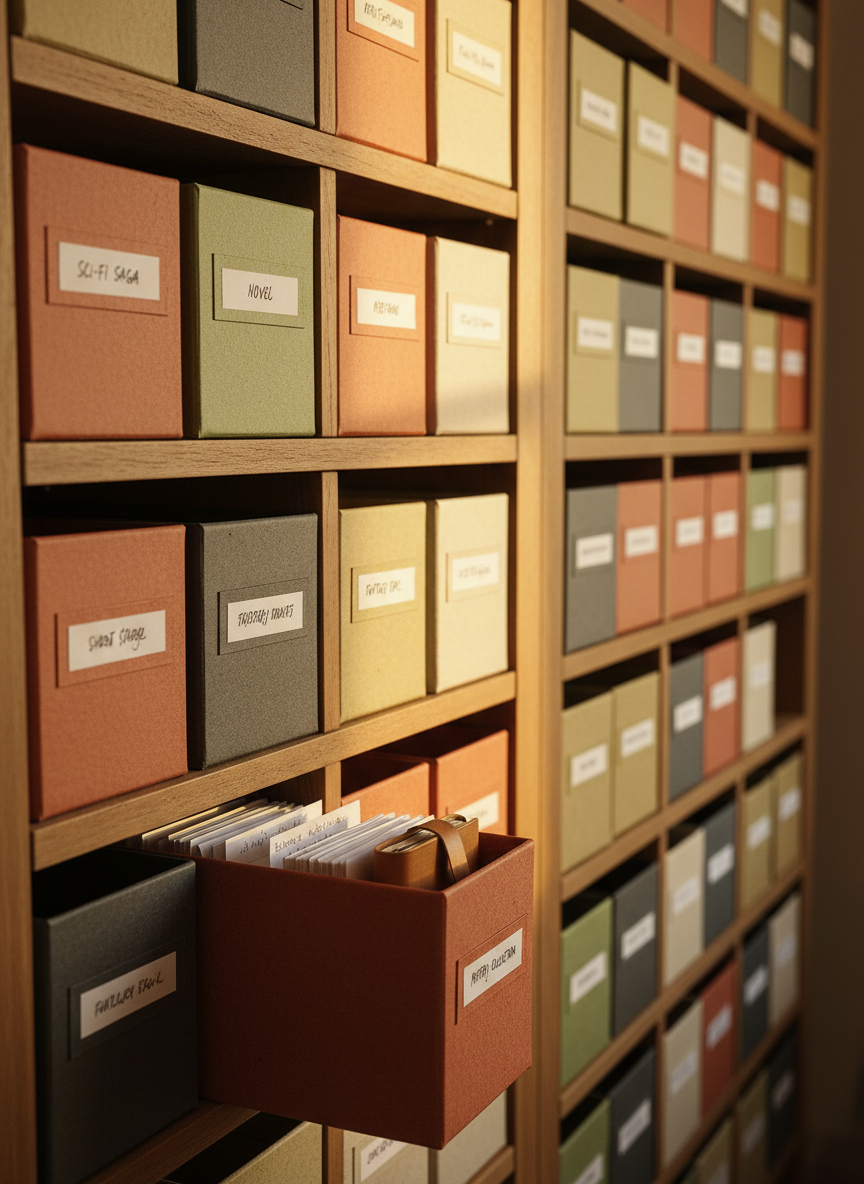 A close-up, eye-level shot of a sturdy wooden shelf system resembling a wine rack, but instead of bottles, each compartment contains small, neatly labeled storage boxes in muted earth tones, symbolizing different story ideas. One box in the foreground is slightly pulled out, revealing neatly stacked index cards and a slim, closed notebook. Warm, golden-hour light enters from the right, grazing the edges of the boxes and creating long, soft shadows that emphasize depth and structure. The background shelves fall into a gentle blur, suggesting an extensive collection of organized thoughts. The mood is cozy yet professional, like a carefully tended archive or "adega" of ideas. The style is photographic realism with a warm, inviting, and organized atmosphere that communicates reliable persistence and long-term storage of knowledge.